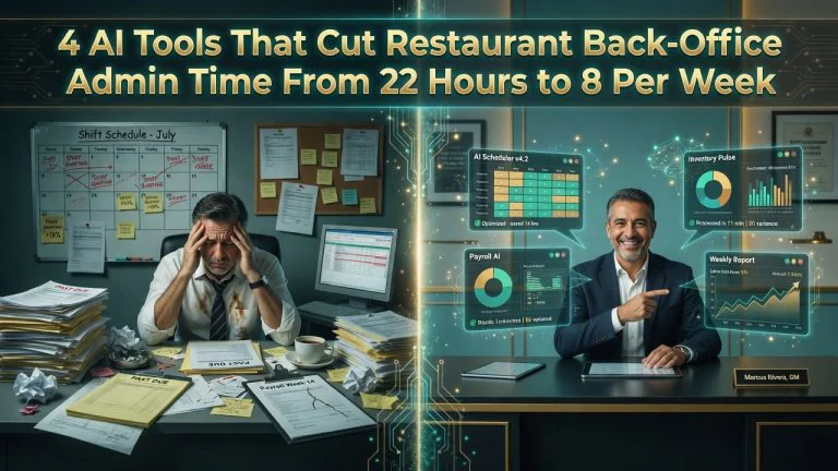 Restaurant manager before and after using AI admin tools - split screen showing manual vs automated workflows