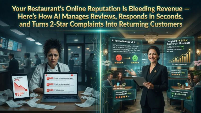 Dashboard showing AI-powered restaurant review management with automated responses across Google Yelp and TripAdvisor