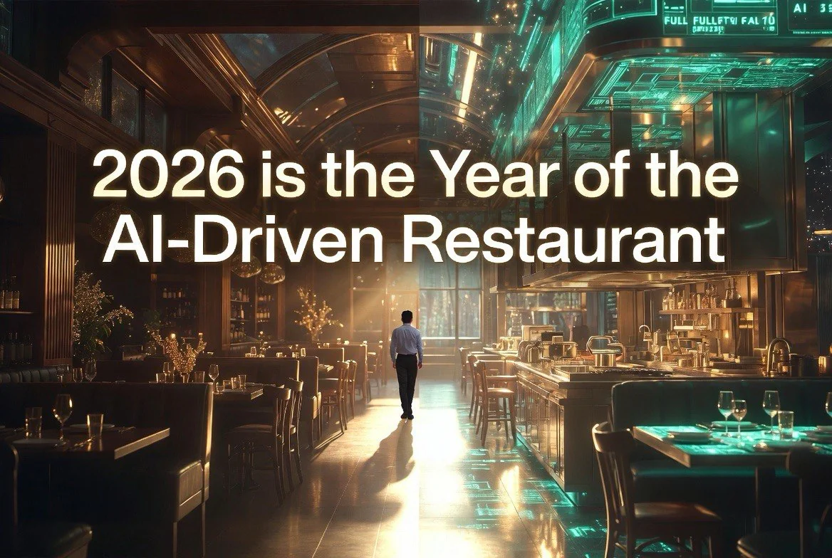 Futuristic AI-driven restaurant interior with teal digital interfaces and warm luxury lighting