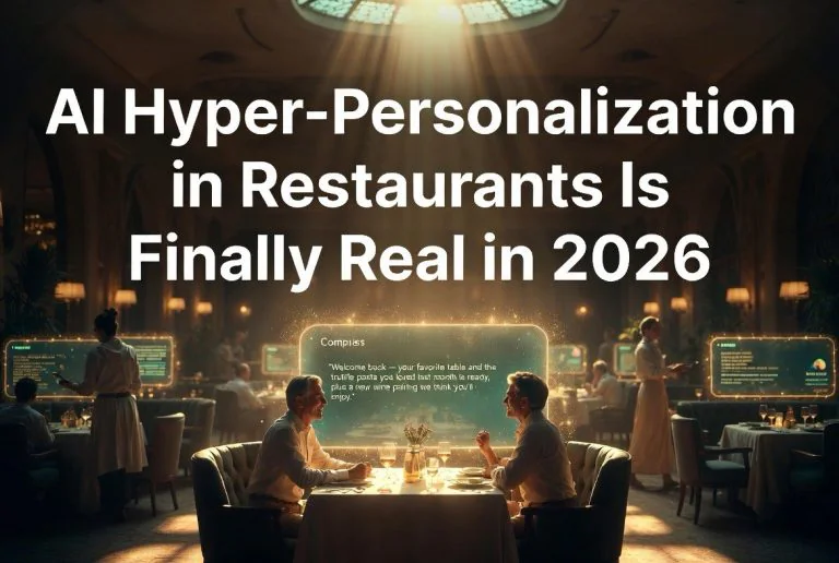 Futuristic AI-driven restaurant with glowing interface screens and hyper-personalization dining experience