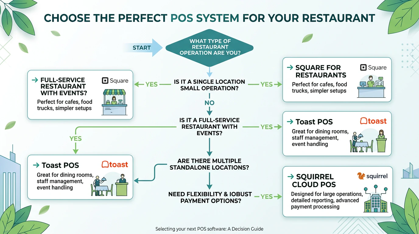 Decision framework flow chart for choosing between Squirrel Cloud, Toast, and Square POS