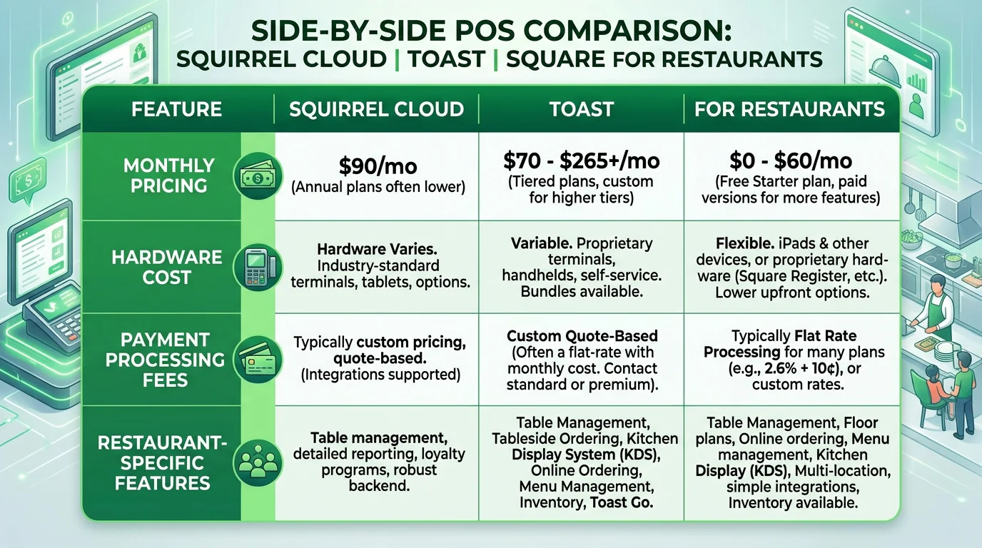 Comparison of three POS systems: Squirrel Cloud at $90/mo, Toast at $70-$265/mo, Square at $0-$60/mo