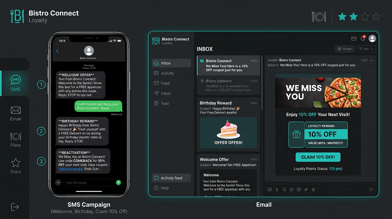 Automated SMS and email campaign mockup showing welcome offers, birthday rewards, and reactivation messages