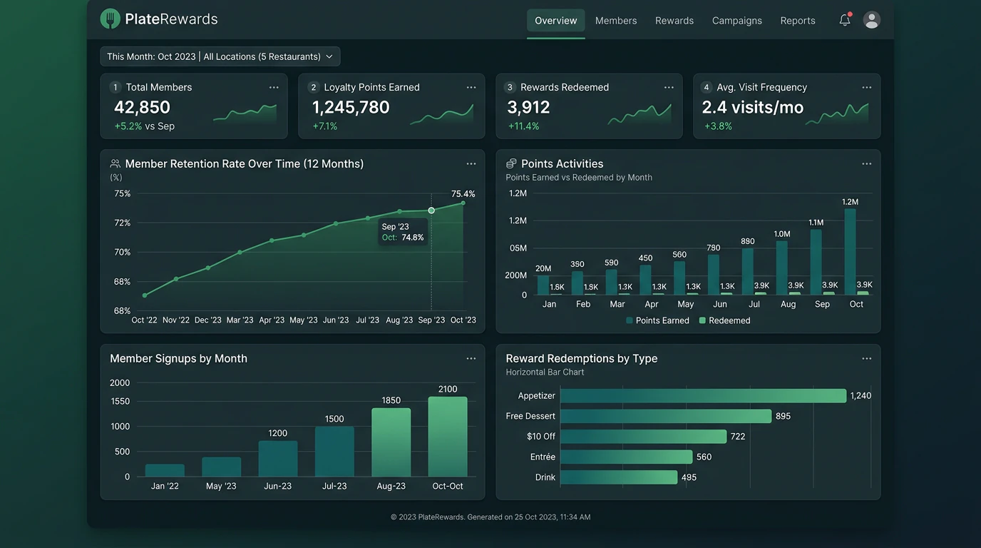 Thanx AI loyalty dashboard showing customer metrics for total members, rewards redeemed, and retention rates