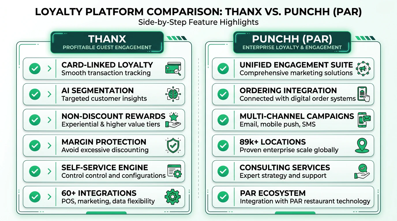 Side-by-side feature comparison chart showing Thanx vs Punchh (PAR) across loyalty type, AI capabilities, integrations, mobile apps, and pricing tiers