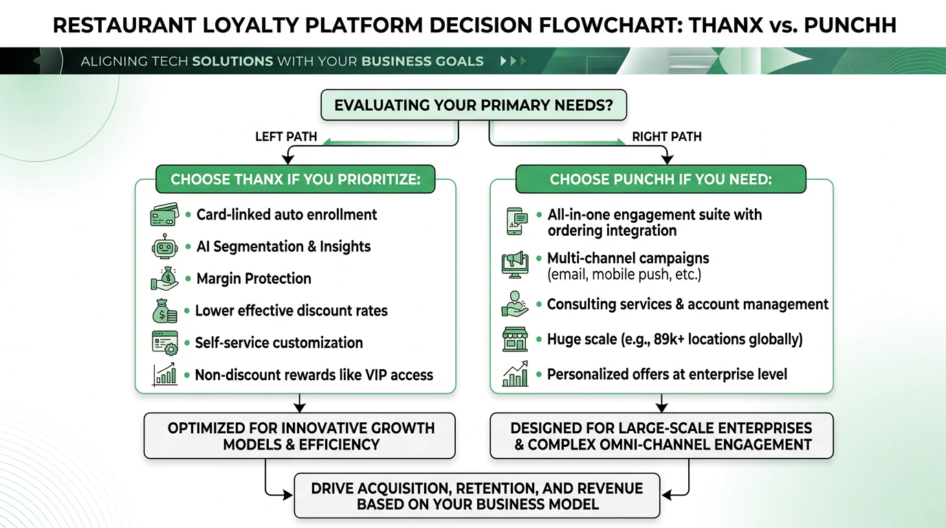 Decision flowchart showing when to choose Thanx vs Punchh based on business needs — card-linked enrollment, margin protection, self-service vs all-in-one ecosystem consulting support