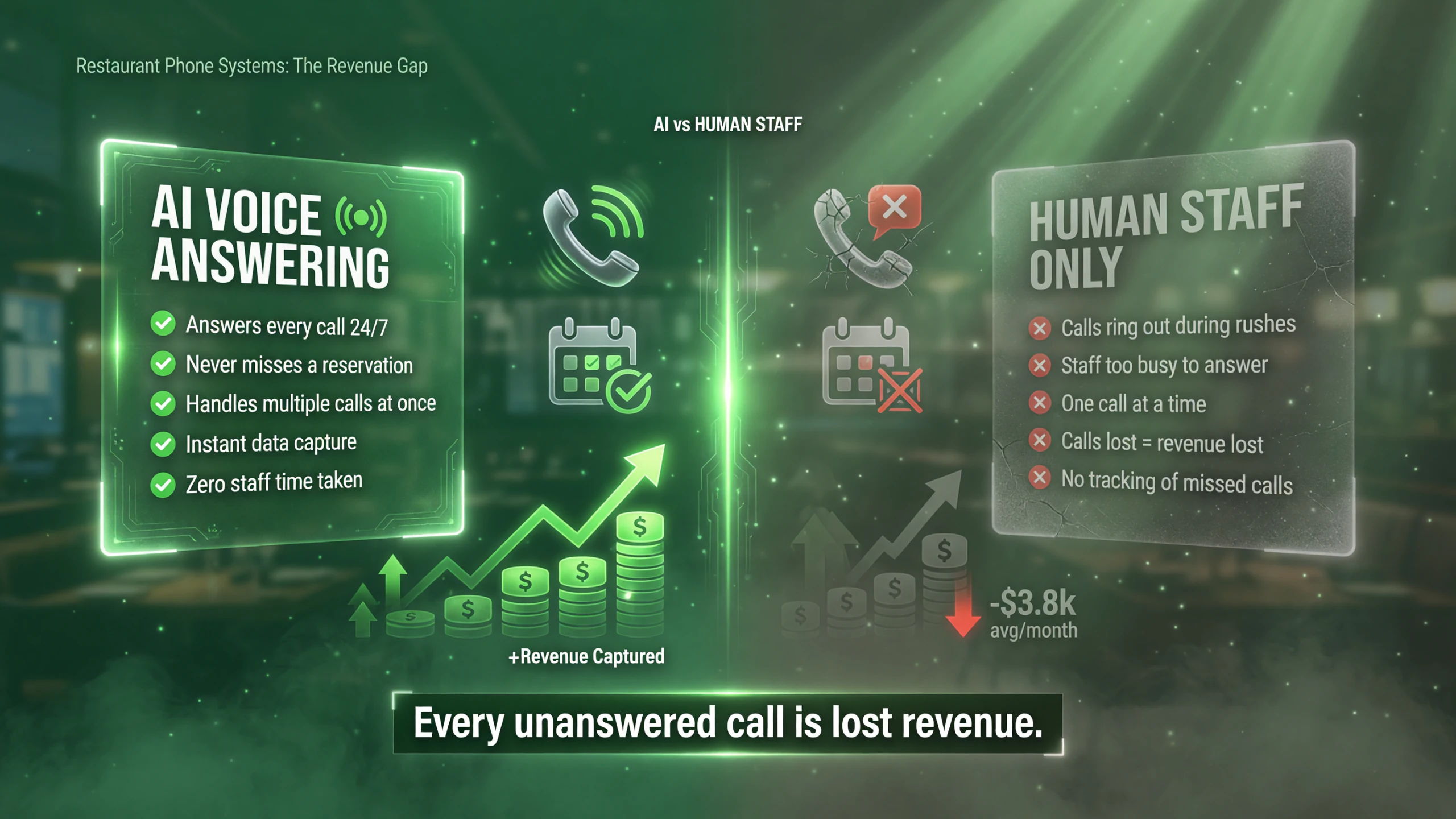 Comparison of AI voice answering vs human staff only answering: AI answers every call 24/7 and captures revenue, human-only staff miss calls during rushes and lose revenue