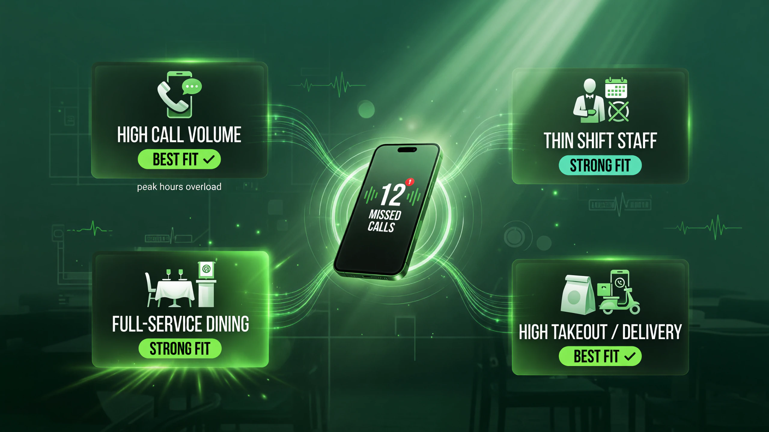 Infographic showing which independent restaurants benefit most from AI voice answering: high call volume and high takeout/delivery are best fits, full-service dining and thin shift staff are strong fits