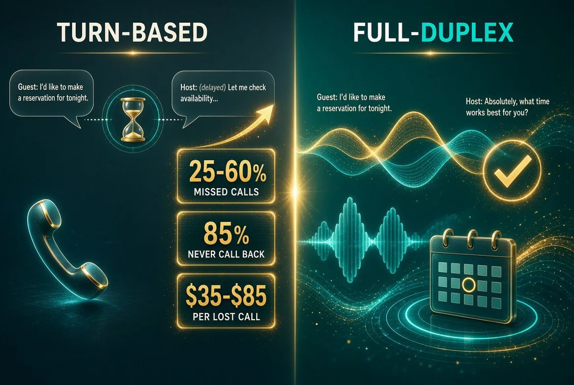 Infographic comparing turn-based voice AI against full-duplex GPT-Live-1 conversation for restaurants, showing 25-60% missed calls, 85% of callers never calling back, and $35-$85 lost per missed revenue call