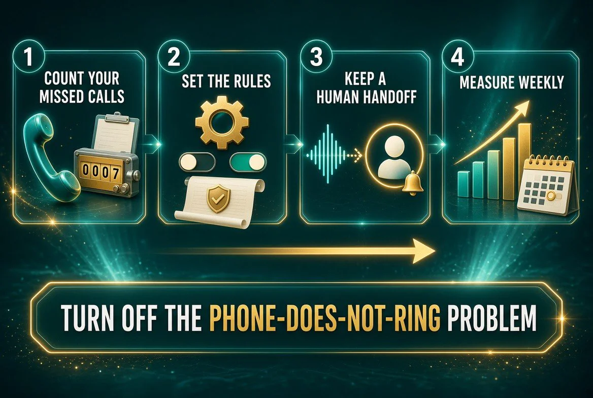 Four-step action plan infographic for independent restaurant operators adopting AI phone answering: count missed calls, set the rules, keep a human handoff, and measure weekly