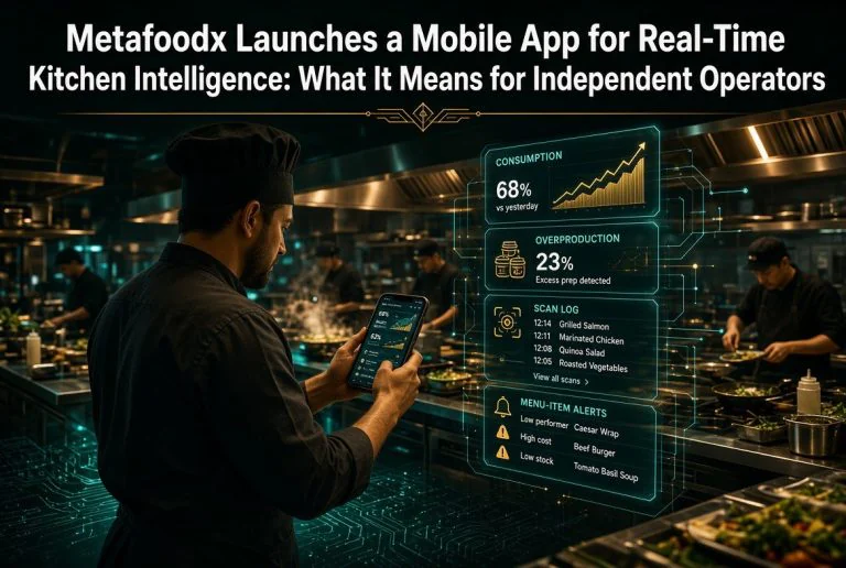 Chef holding a phone showing the Metafoodx dashboard with consumption, overproduction, scan log, and menu-item alerts