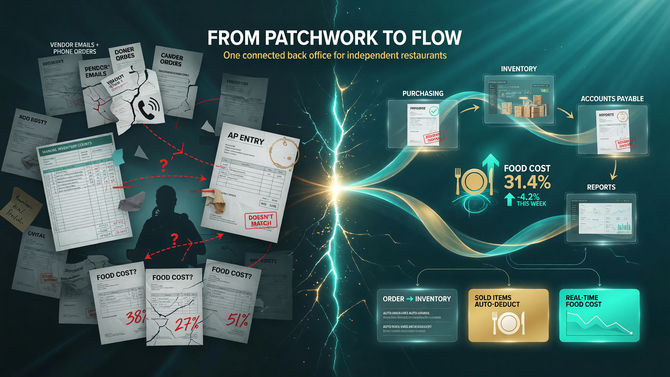 Craftable replaces the fragmented back-office patchwork of email and phone vendor orders, manual invoice entry, and spreadsheet inventory counts with one connected automation flow where purchasing, inventory, accounts payable, and reporting work together.