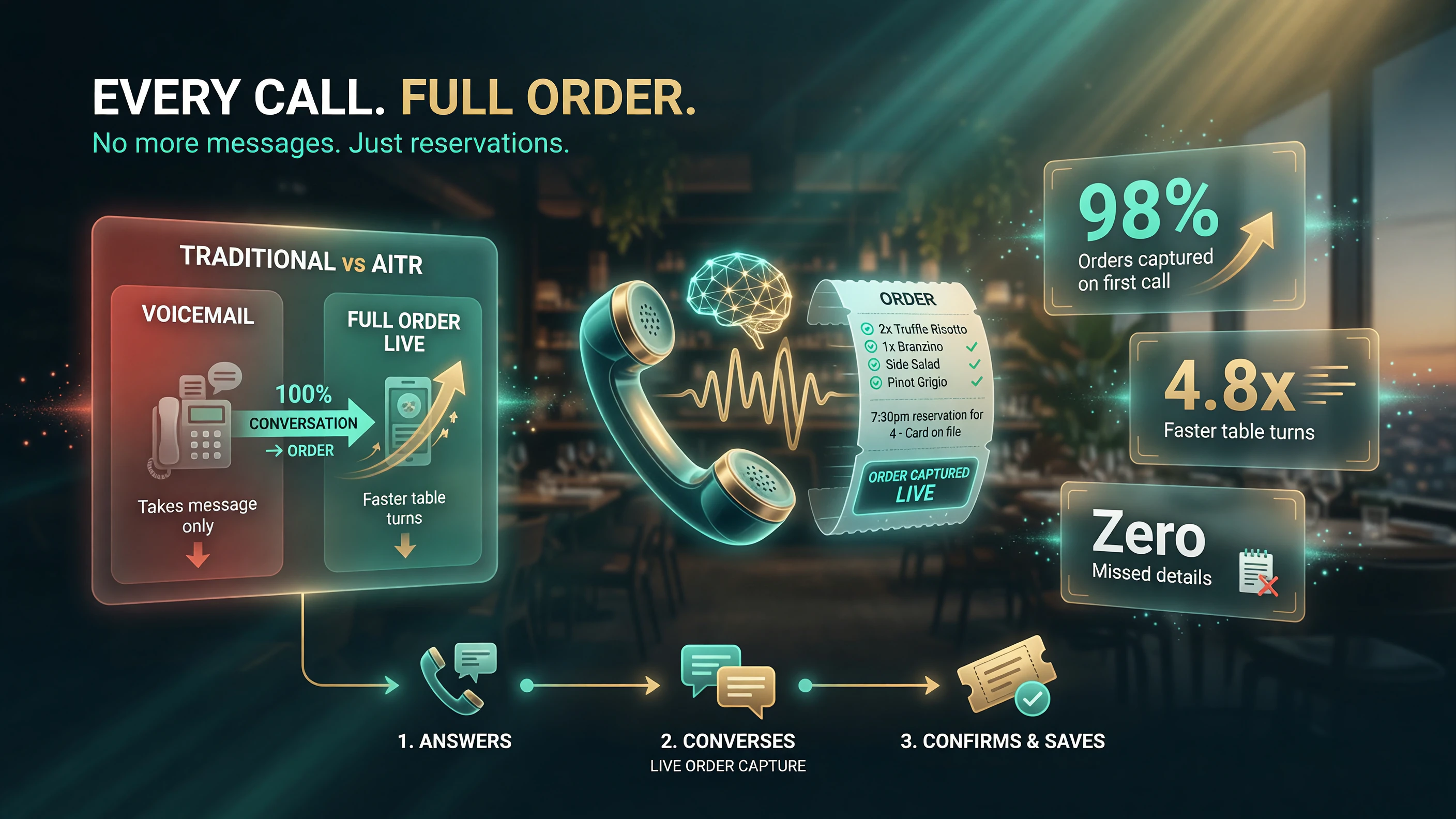 Maple restaurant AI phone agent answering every call and capturing a full order live versus a voicemail that only takes a message