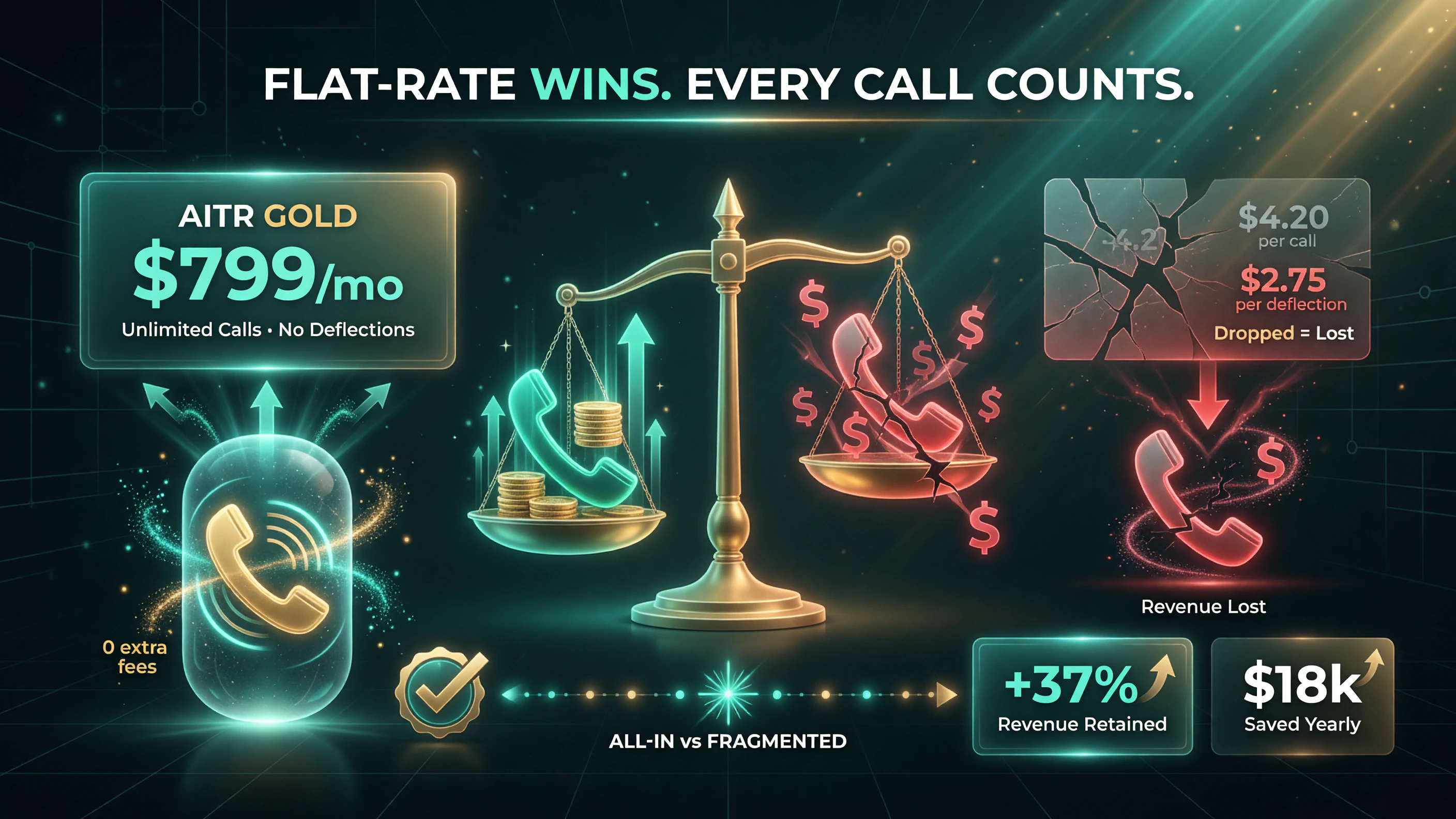 Maple flat-rate all-in pricing versus per-call and per-deflection fees on lighter AI answering tools, with the missed revenue from dropped calls