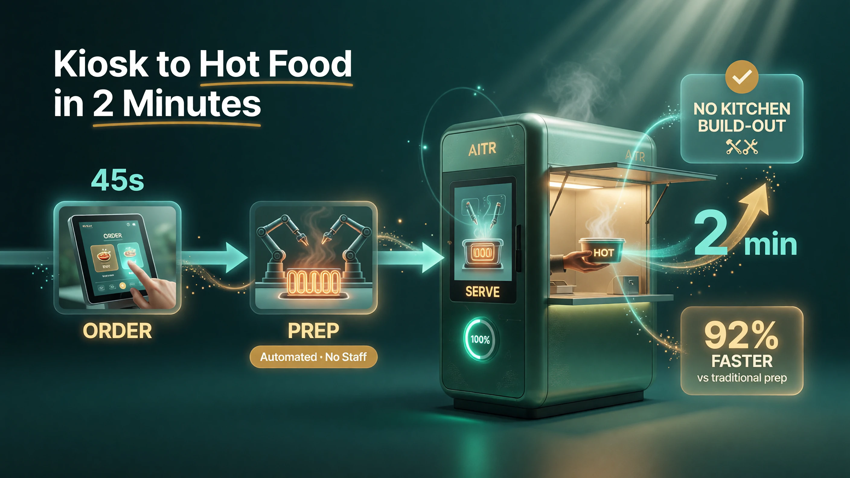 Murphy USA autonomous kitchen flow: order on a touchscreen, automated prep and heating, served hot in about 2 minutes, no kitchen build-out or extra prep staff