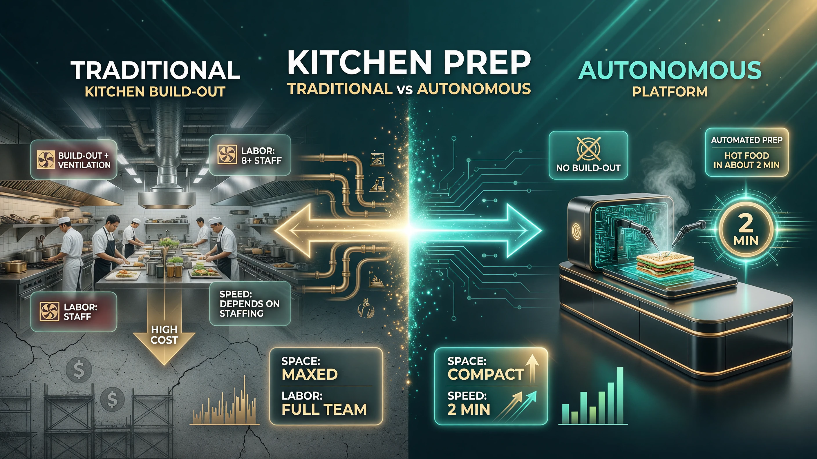 Murphy USA autonomous kitchen vs traditional kitchen expansion: no build-out and automated prep versus ventilation, cooks and prep staff, speed depends on staffing versus hot food in about 2 minutes