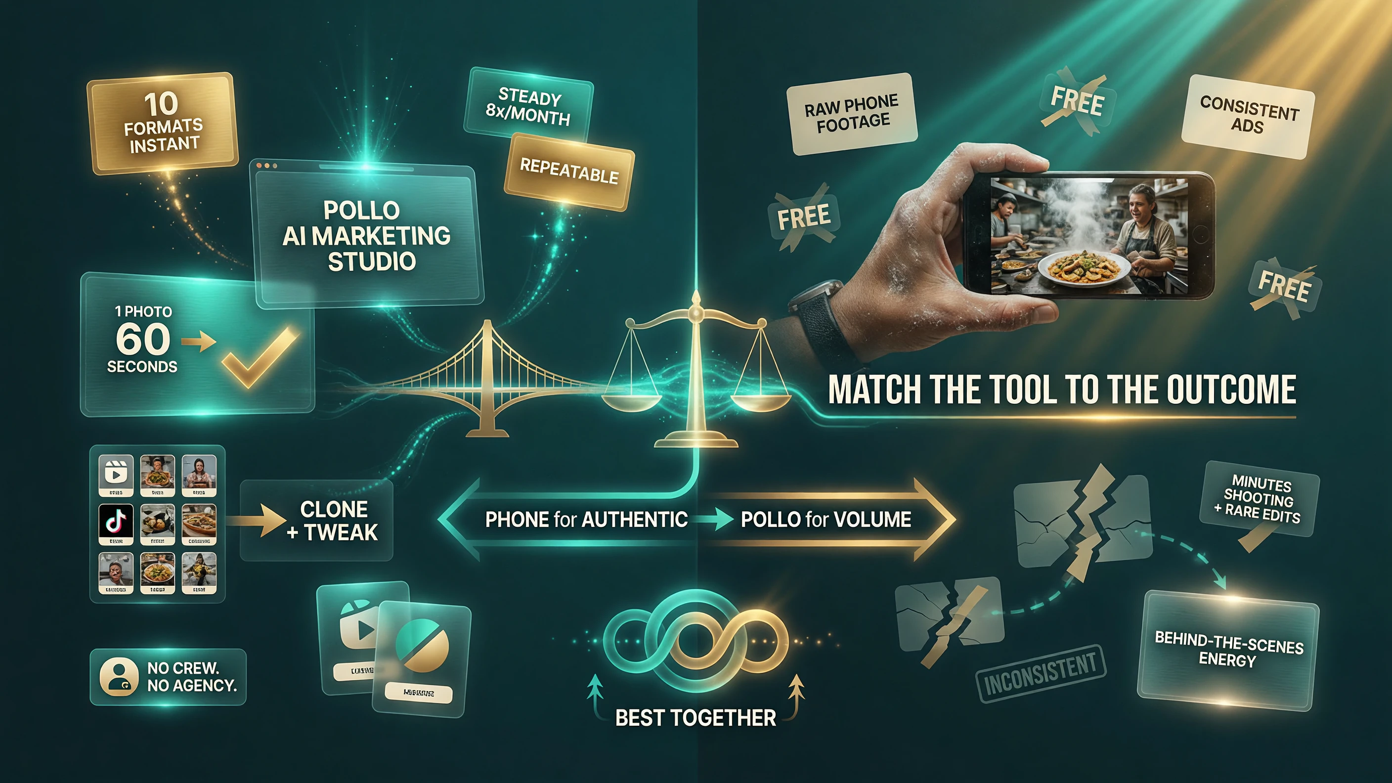 Pollo AI Marketing Studio versus raw phone video for a restaurant owner: Pollo AI gives steady, repeatable short-form ads from a photo or script at volume without a crew, while your phone is free but eats your time and is hard to keep consistent — the two work best together.