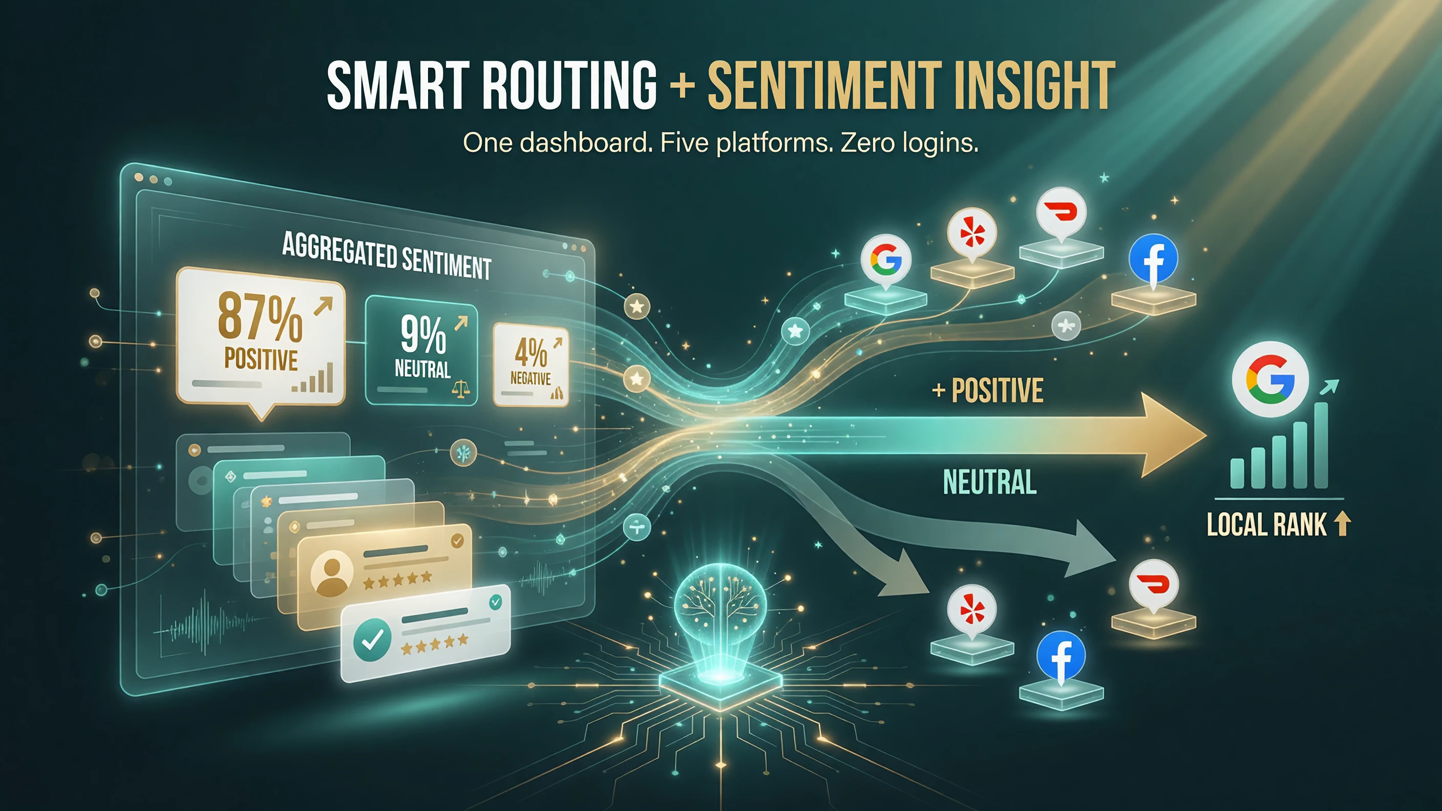 Praising.ai consolidates Google Yelp DoorDash and Facebook reviews into one dashboard with smart routing of positive reviews to Google