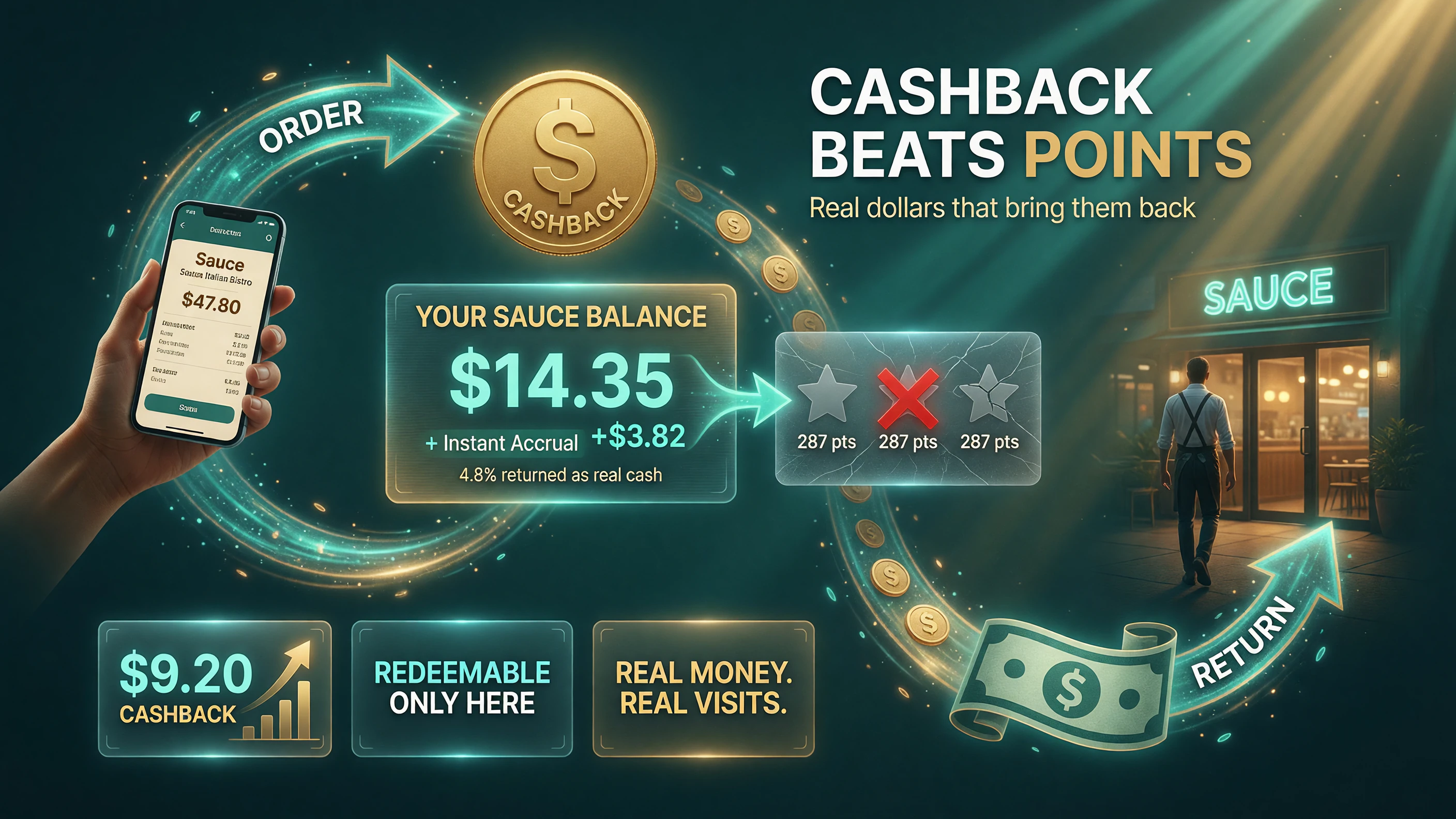Sauce cashback loyalty loop showing real-money cashback redeemable at your restaurant versus abstract points