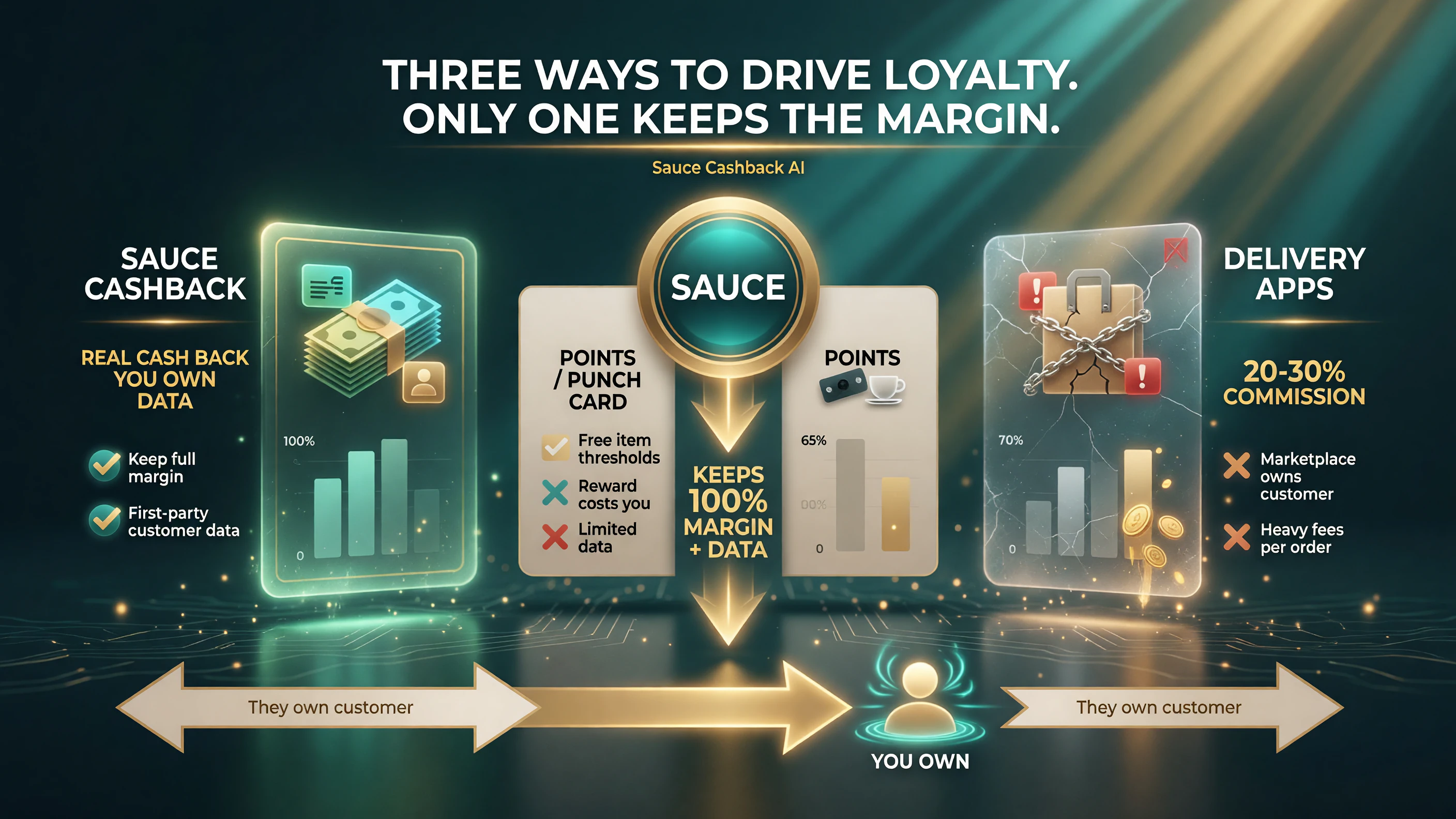 Three-column comparison of Sauce Cashback AI versus points punch-card loyalty versus third party delivery apps with commissions for independent restaurants