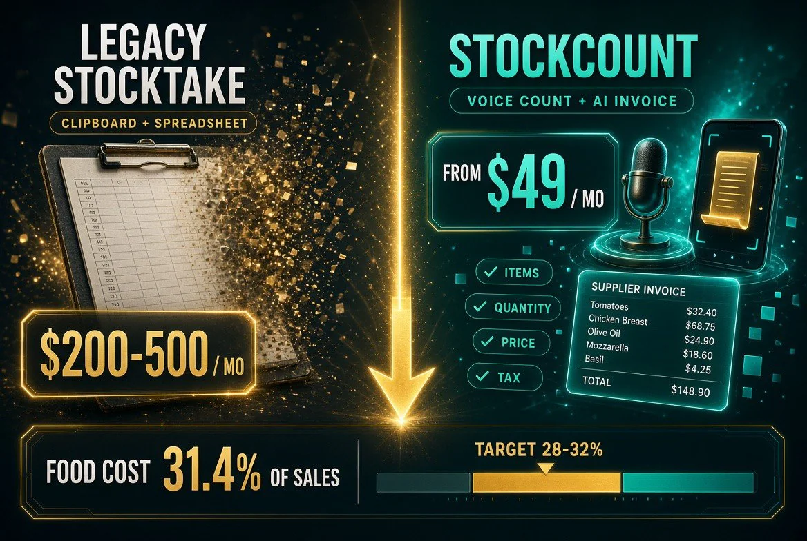 Stockcount versus legacy stocktake cost comparison: legacy clipboard and spreadsheet systems run 200 to 500 dollars per month while Stockcount starts at 49 dollars per month, with a food cost gauge at 31.4 percent of sales against a target of 28 to 32 percent