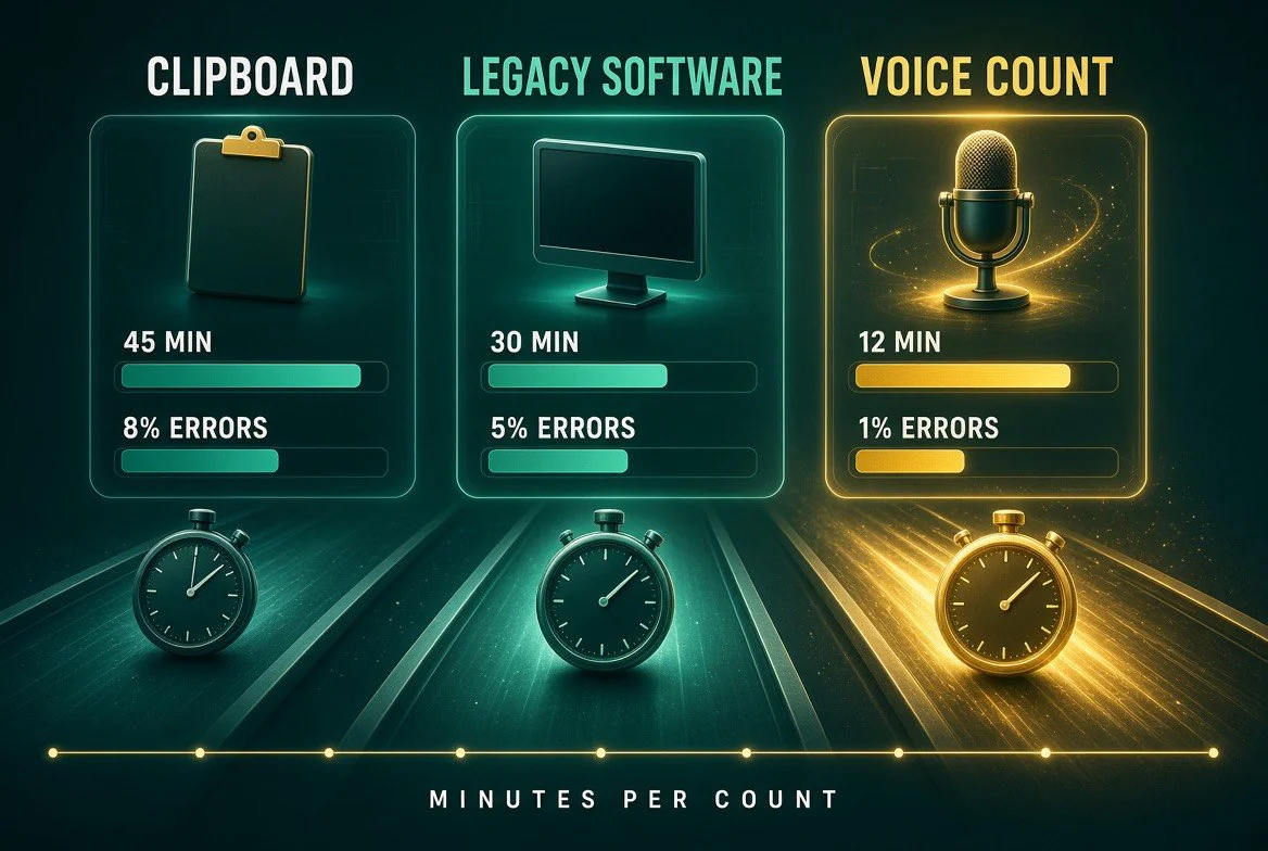 Three-way comparison of stock count methods: clipboard takes 45 minutes with 8 percent errors, legacy software 30 minutes with 5 percent errors, and voice count 12 minutes with 1 percent errors