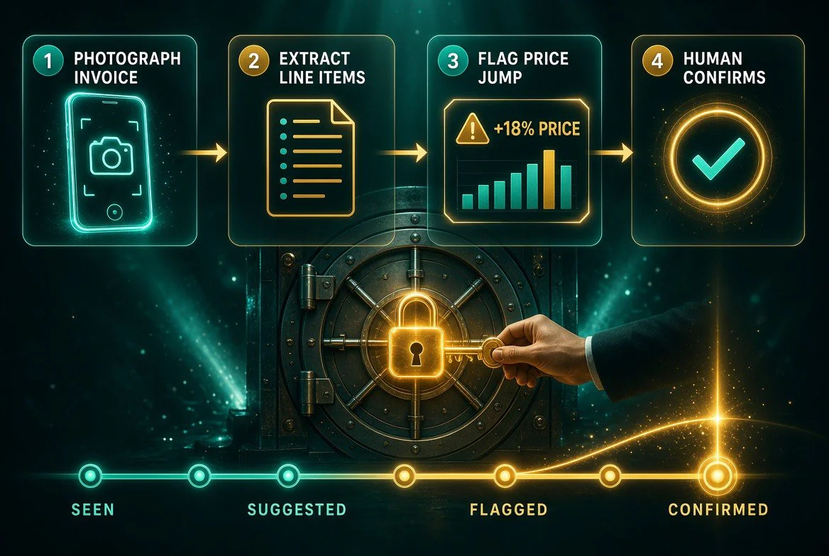 Stockcount AI invoice capture flow: photograph invoice, extract line items, flag price jump, human confirms, with a trust meter rising through seen, suggested, flagged, and confirmed stages