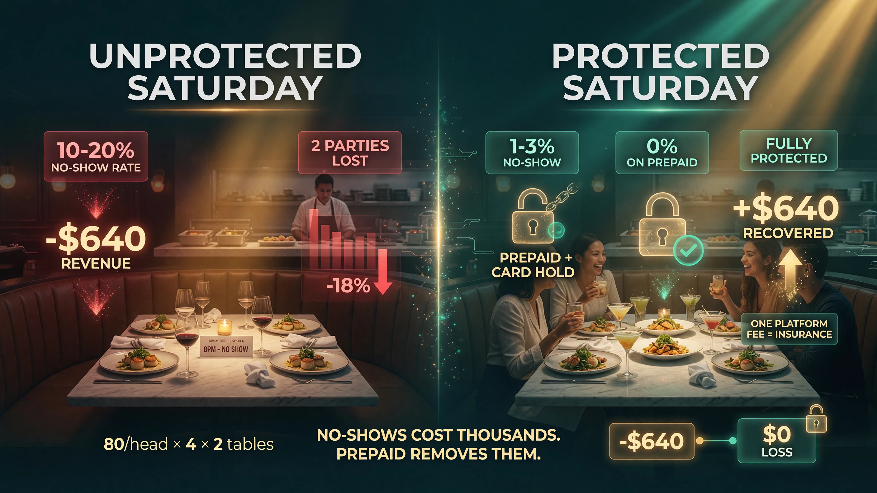 Tock restaurant no-show cost unprotected vs protected prepaid reservations