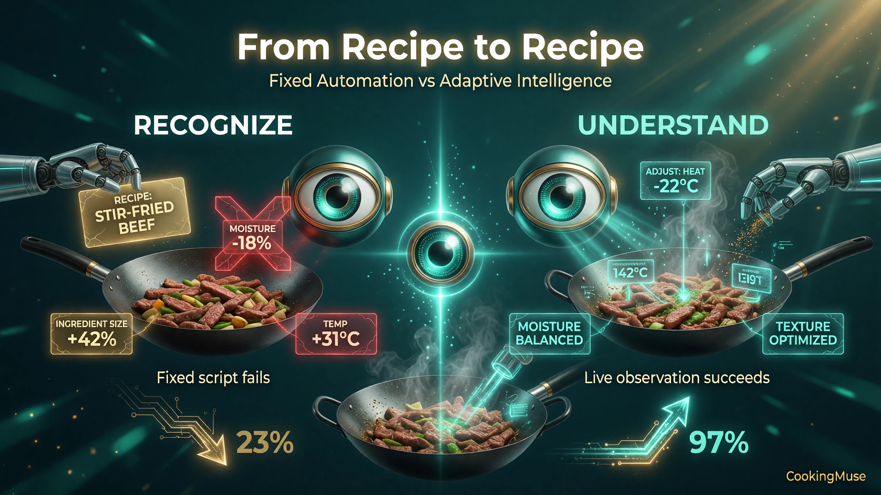 Xianglu CookingMuse recognizing versus understanding cooking: a fixed-recipe robot fails when ingredient moisture, size, or temperature changes, while CookingMuse observes the pan in real time and adjusts
