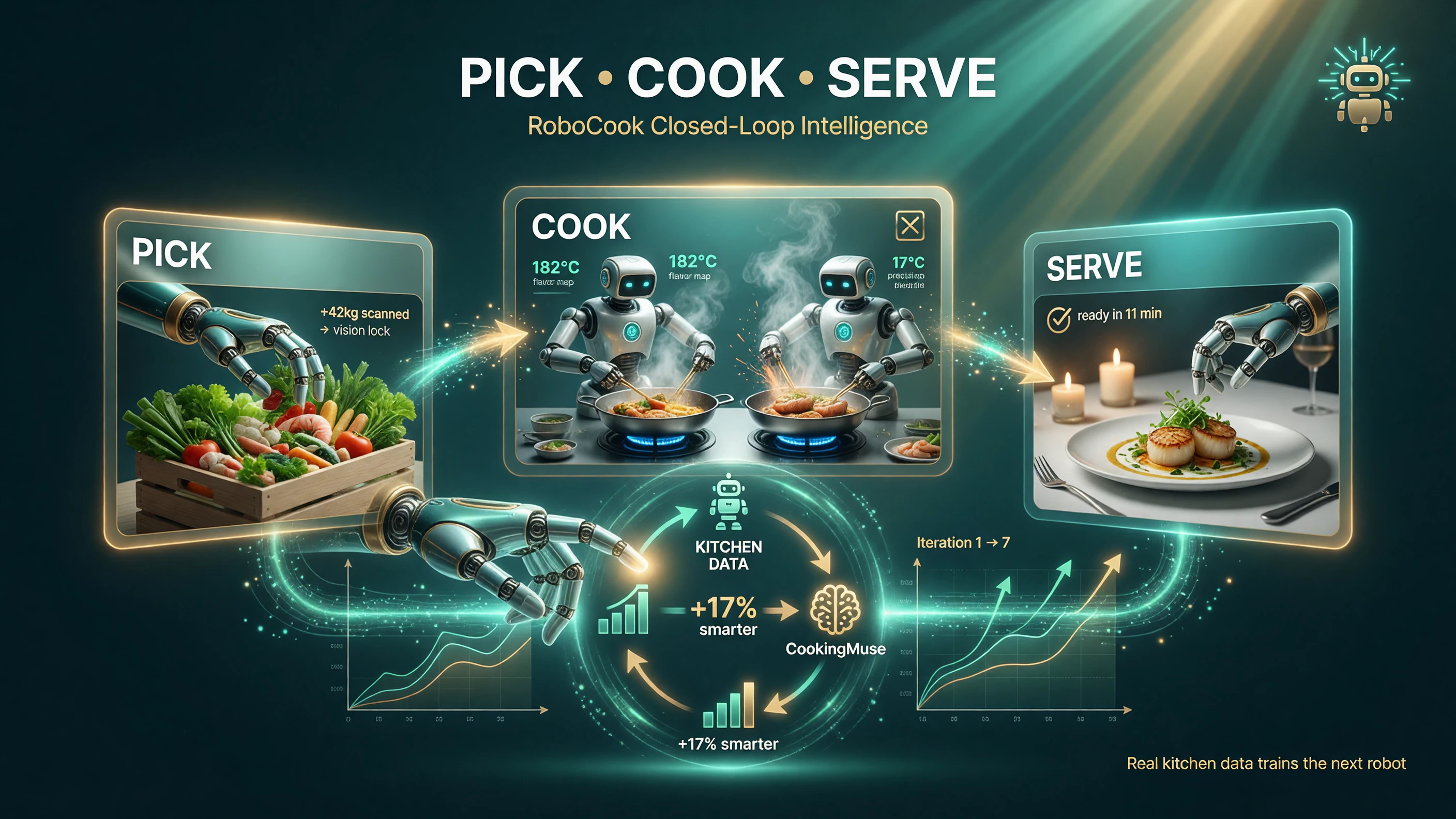 Xianglu RoboCook completes the full service chain from ingredient to table, while a self-improving closed loop feeds real kitchen data back to the CookingMuse model to make each next robot smarter