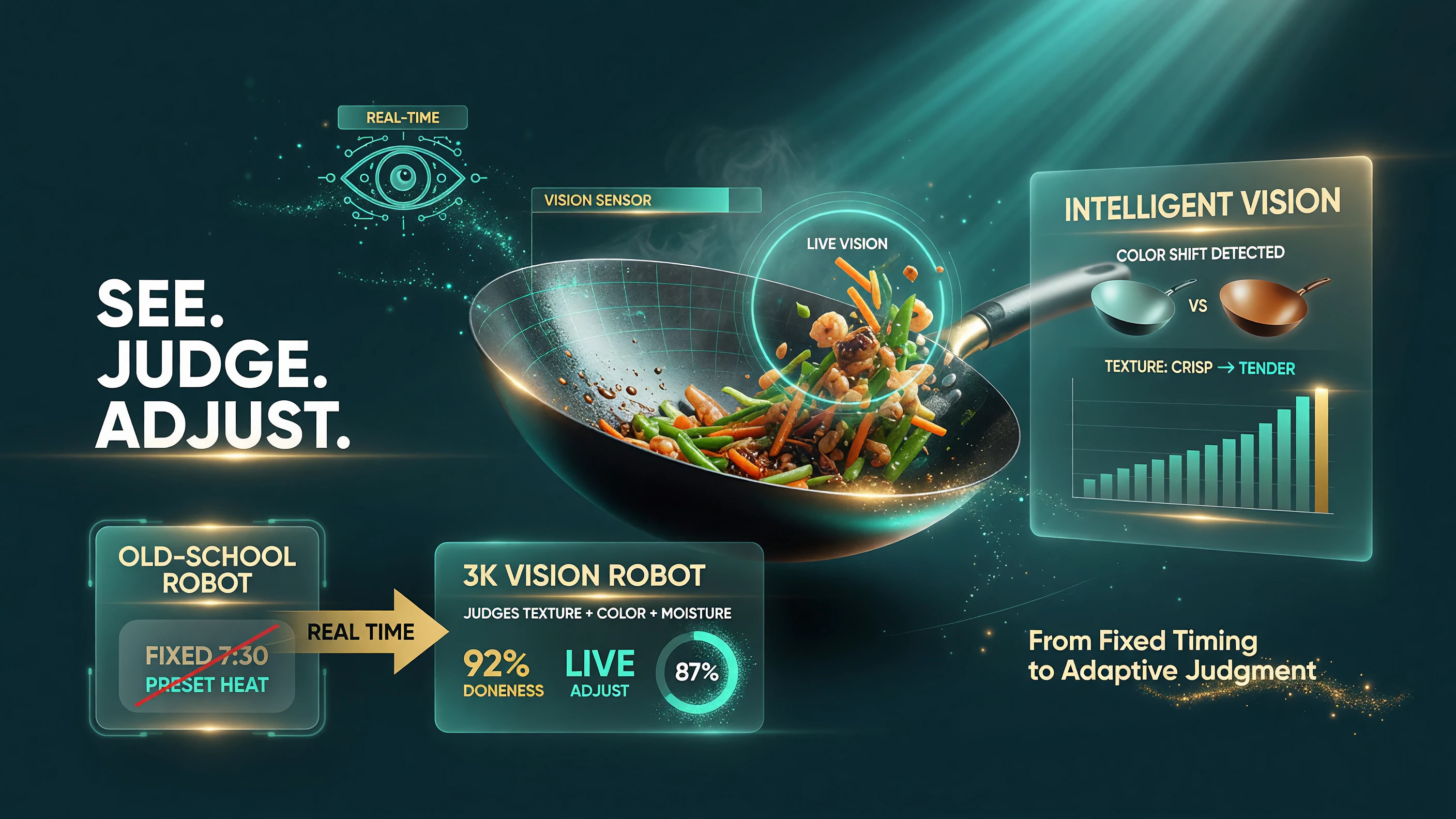 Xianglu 3K Vision Cooking Robot sees changes inside the wok in real time and judges what to do next, replacing fixed timing and preset heat with adaptive visual judgment