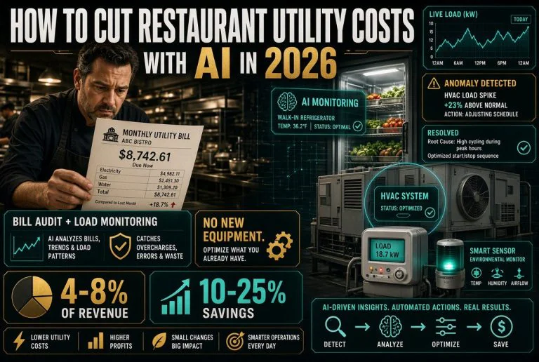 Restaurant owner reviewing utility bill savings with AI monitoring