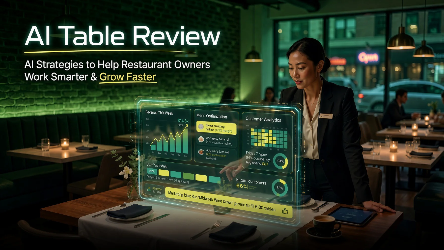 Restaurant manager reviewing AI analytics dashboard